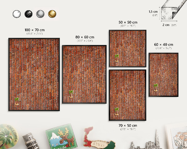 Metal wall board for magnets in a black frame Brick motif