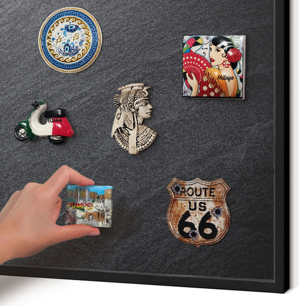Vacation magnet board with a black frame Gray texture
