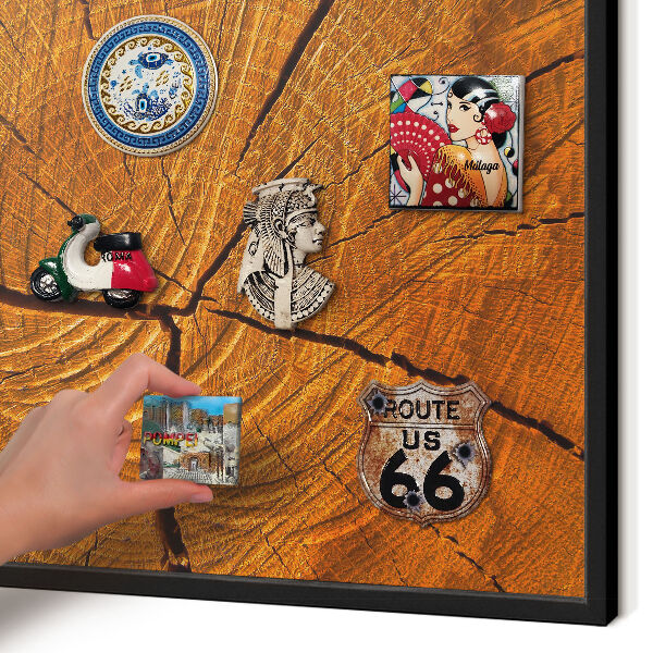 Metal wall board for magnets in a black frame Wood grain
