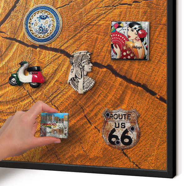 Metal wall board for magnets in a black frame Wood grain