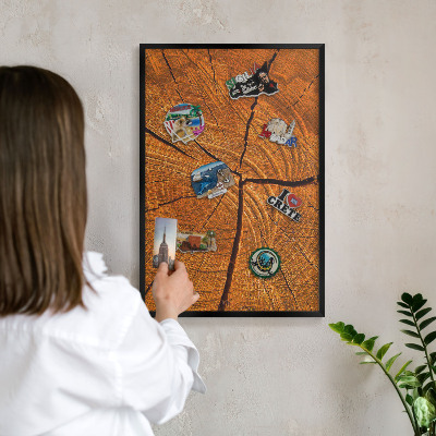 Metal wall board for magnets in a black frame Wood grain
