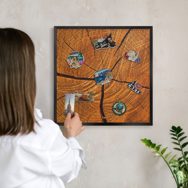 Metal wall board for magnets in a black frame Wood grain