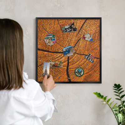 Metal wall board for magnets in a black frame Wood grain