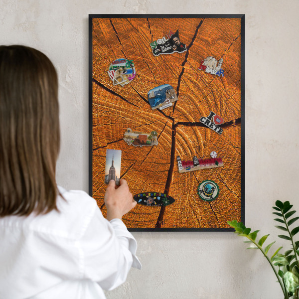 Metal wall board for magnets in a black frame Wood grain