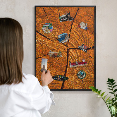Metal wall board for magnets in a black frame Wood grain