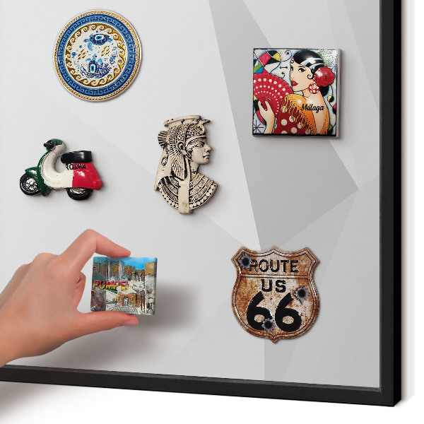 Vacation magnet board with a black frame White geometry