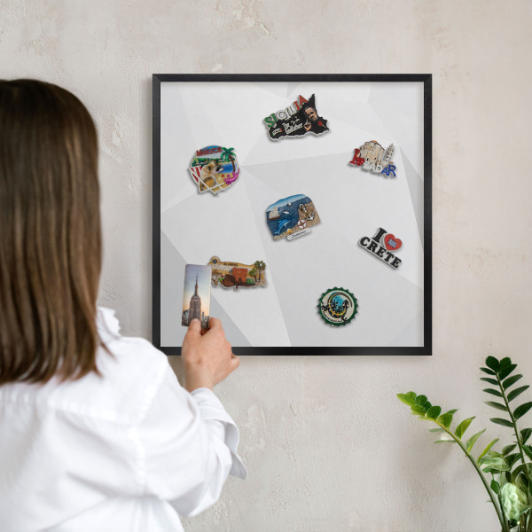 Vacation magnet board with a black frame White geometry