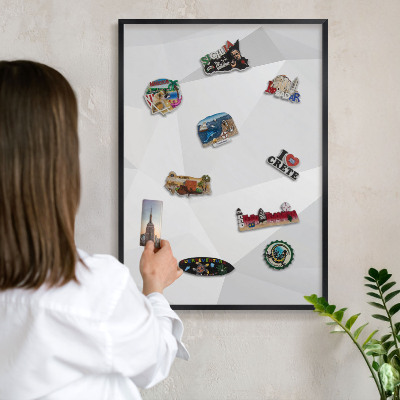 Vacation magnet board with a black frame White geometry