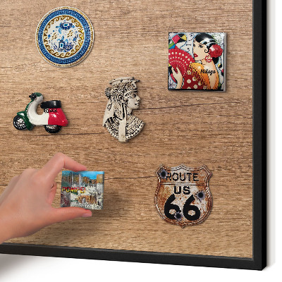 Metal wall board for magnets in a black frame Wood texture