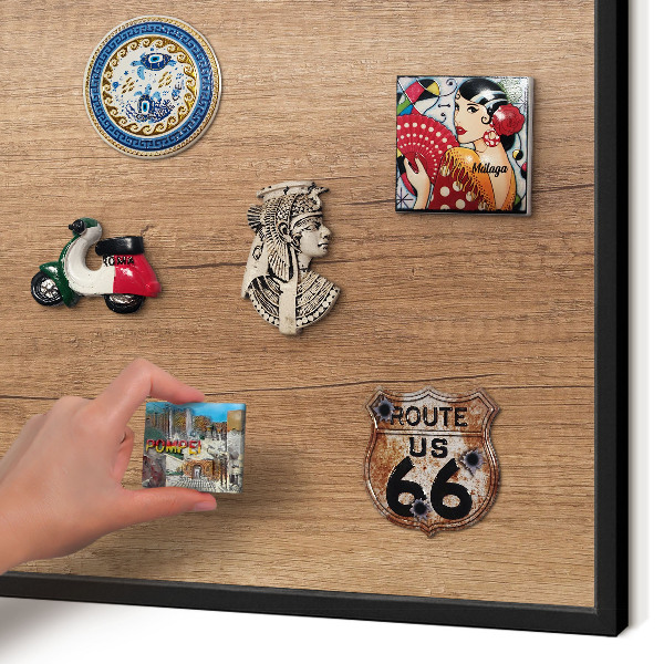 Metal wall board for magnets in a black frame Wood texture