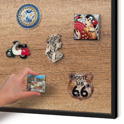 Metal wall board for magnets in a black frame Wood texture