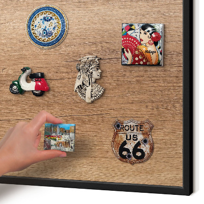 Metal wall board for magnets in a black frame Wood texture