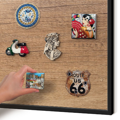 Metal wall board for magnets in a black frame Wood texture