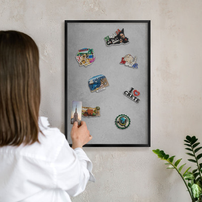 Metal wall board for magnets in a black frame Silver fog