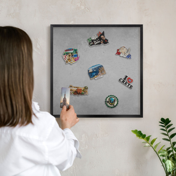 Metal wall board for magnets in a black frame Silver fog