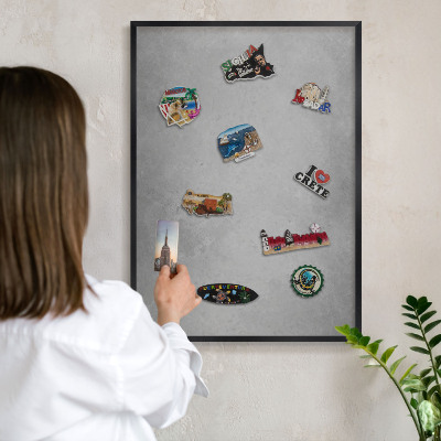 Metal wall board for magnets in a black frame Silver fog