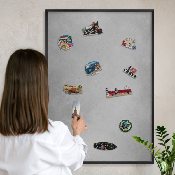 Metal wall board for magnets in a black frame Silver fog