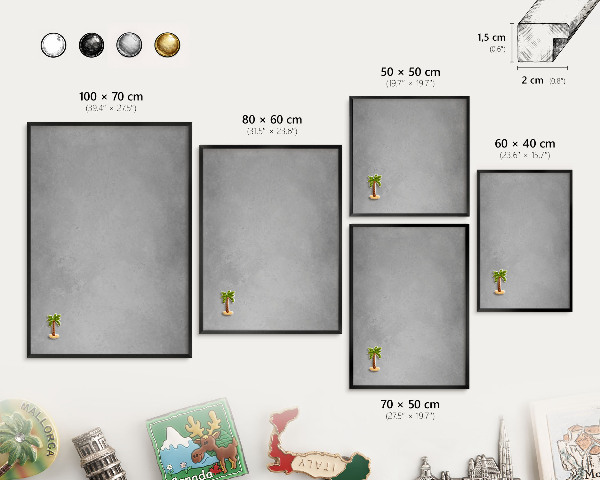 Metal wall board for magnets in a black frame Silver fog
