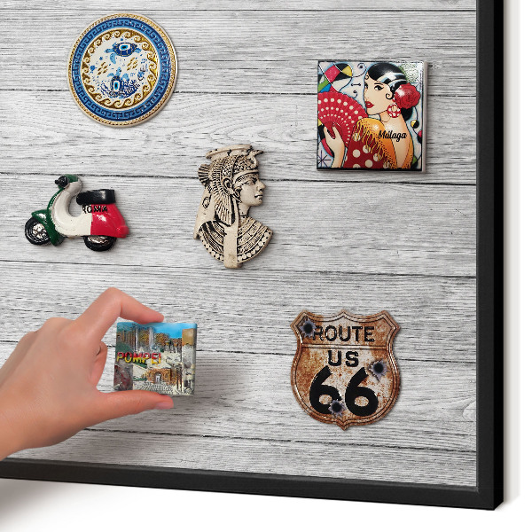Vacation magnet board with a black frame Wooden texture