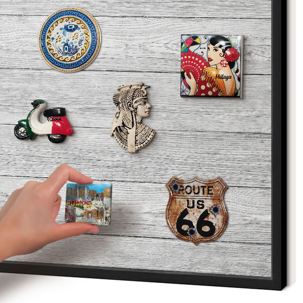 Vacation magnet board with a black frame Wooden texture