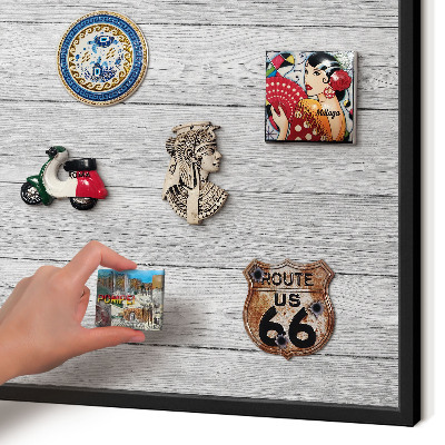 Vacation magnet board with a black frame Wooden texture