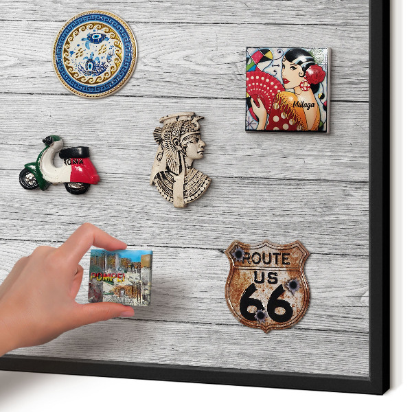 Vacation magnet board with a black frame Wooden texture