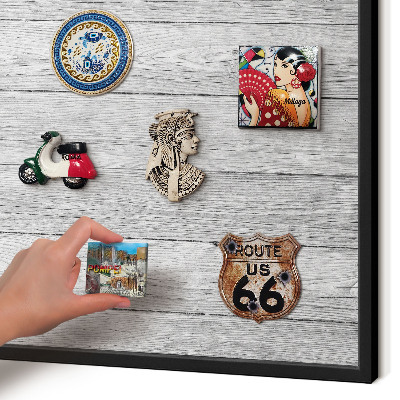Vacation magnet board with a black frame Wooden texture