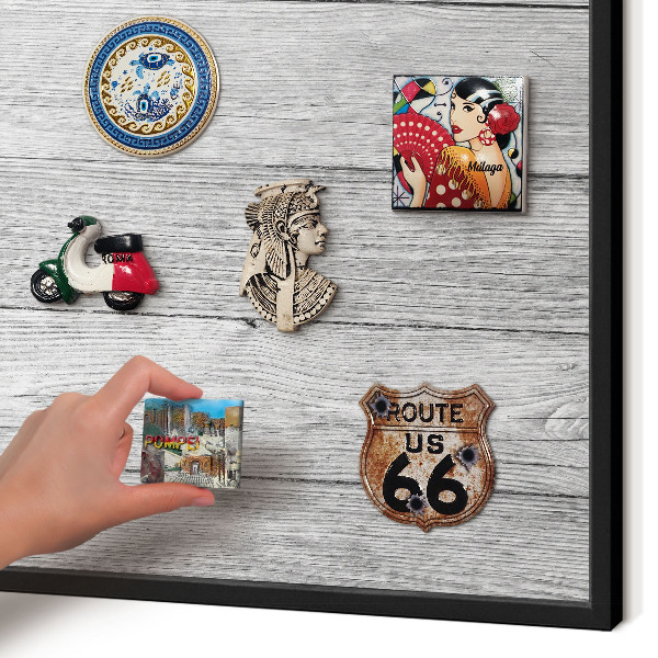 Vacation magnet board with a black frame Wooden texture