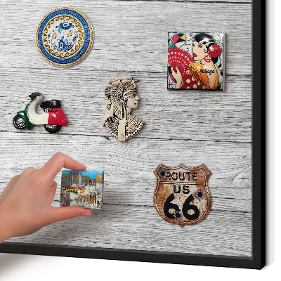 Vacation magnet board with a black frame Wooden texture