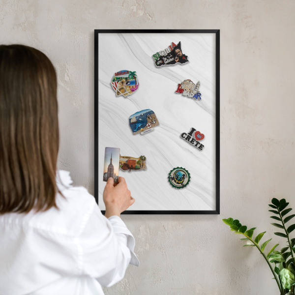 Metal wall board for magnets in a black frame Subtle marble