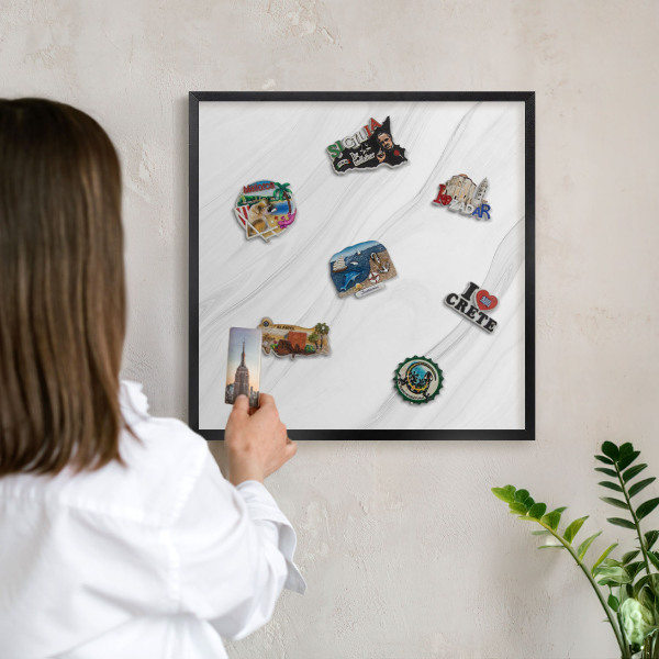 Metal wall board for magnets in a black frame Subtle marble