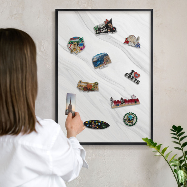 Metal wall board for magnets in a black frame Subtle marble