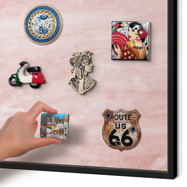 Vacation magnet board with a black frame Pink texture