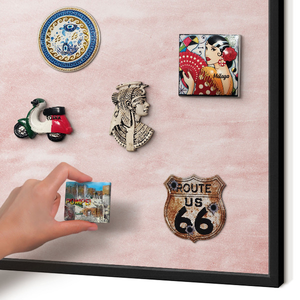 Vacation magnet board with a black frame Pink texture