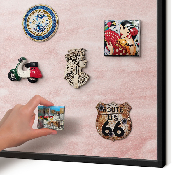Vacation magnet board with a black frame Pink texture