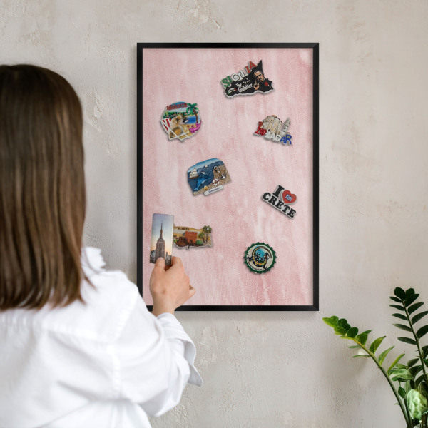 Vacation magnet board with a black frame Pink texture