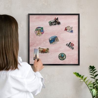 Vacation magnet board with a black frame Pink texture