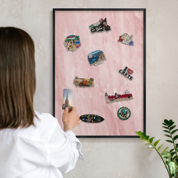 Vacation magnet board with a black frame Pink texture