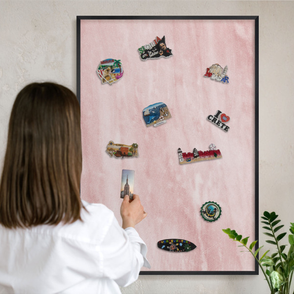 Vacation magnet board with a black frame Pink texture