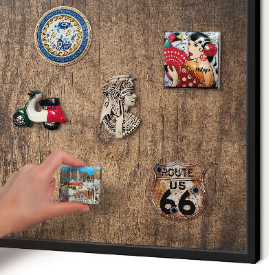 Vacation magnet board with a black frame Wooden texture