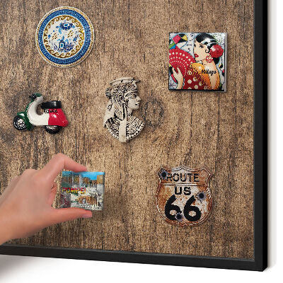 Vacation magnet board with a black frame Wooden texture
