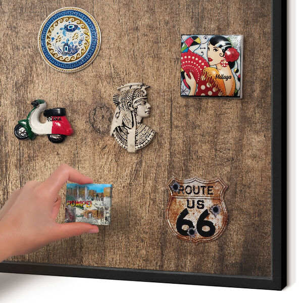 Vacation magnet board with a black frame Wooden texture