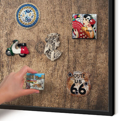 Vacation magnet board with a black frame Wooden texture