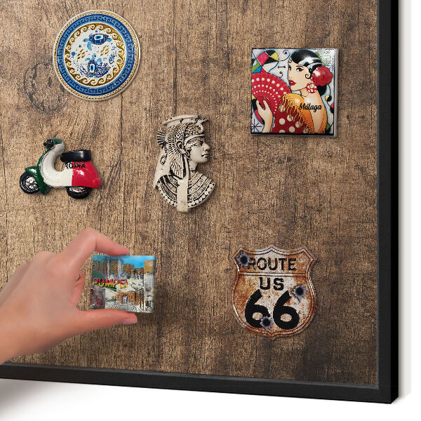 Vacation magnet board with a black frame Wooden texture