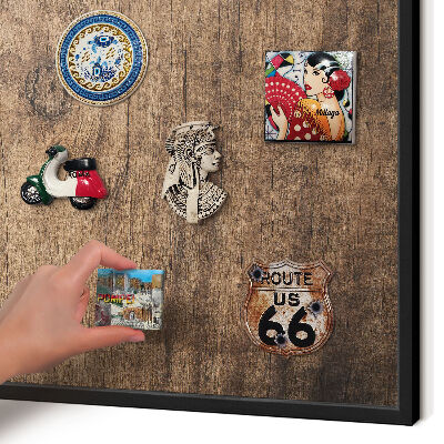 Vacation magnet board with a black frame Wooden texture