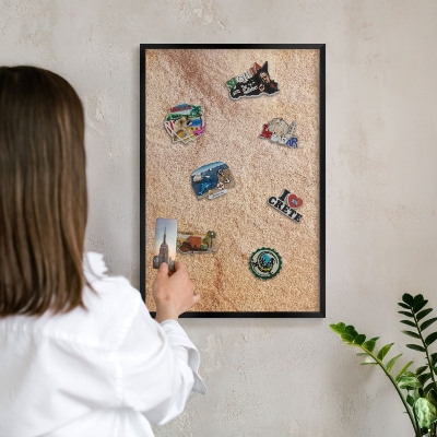 Metal wall board for magnets in a black frame Stone texture