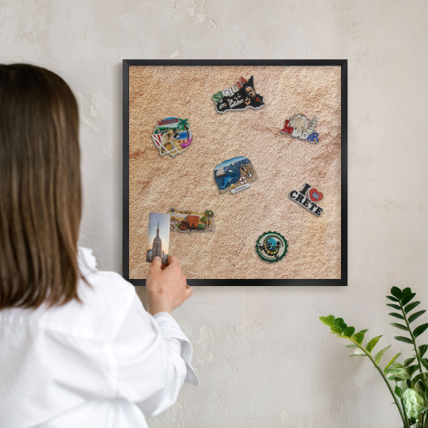 Metal wall board for magnets in a black frame Stone texture