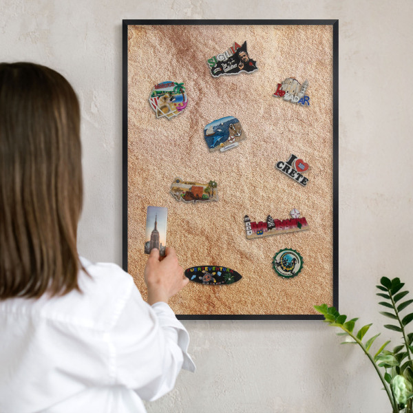 Metal wall board for magnets in a black frame Stone texture