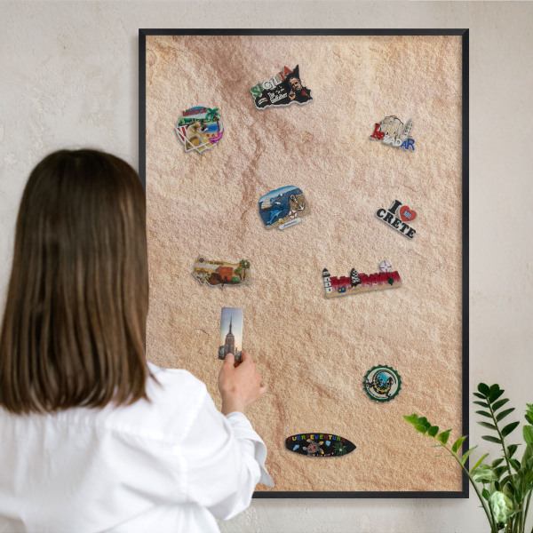 Metal wall board for magnets in a black frame Stone texture