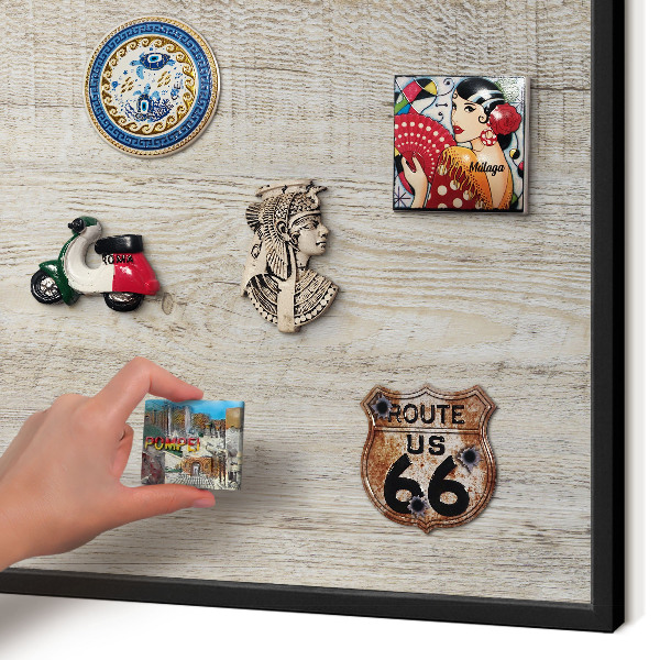 Vacation magnet board with a black frame Wooden texture